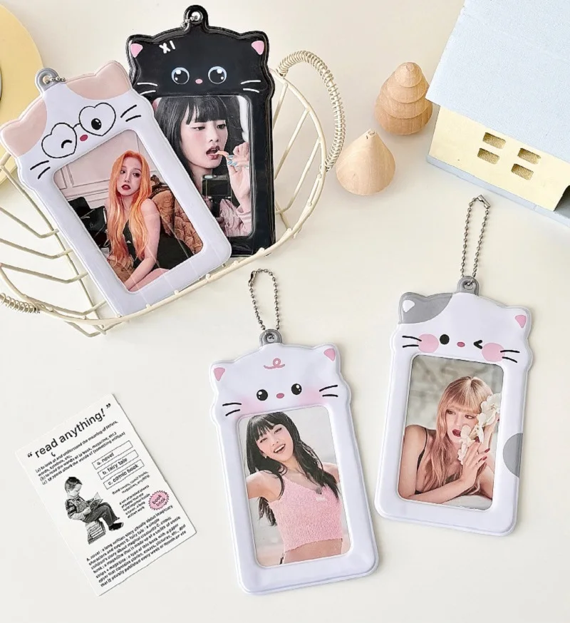 PVC Cartoon Cute Kitten Photo Card Holder Pockets for Mini Photo Sticker & Name Card 3 Inch Photos with Key Chain