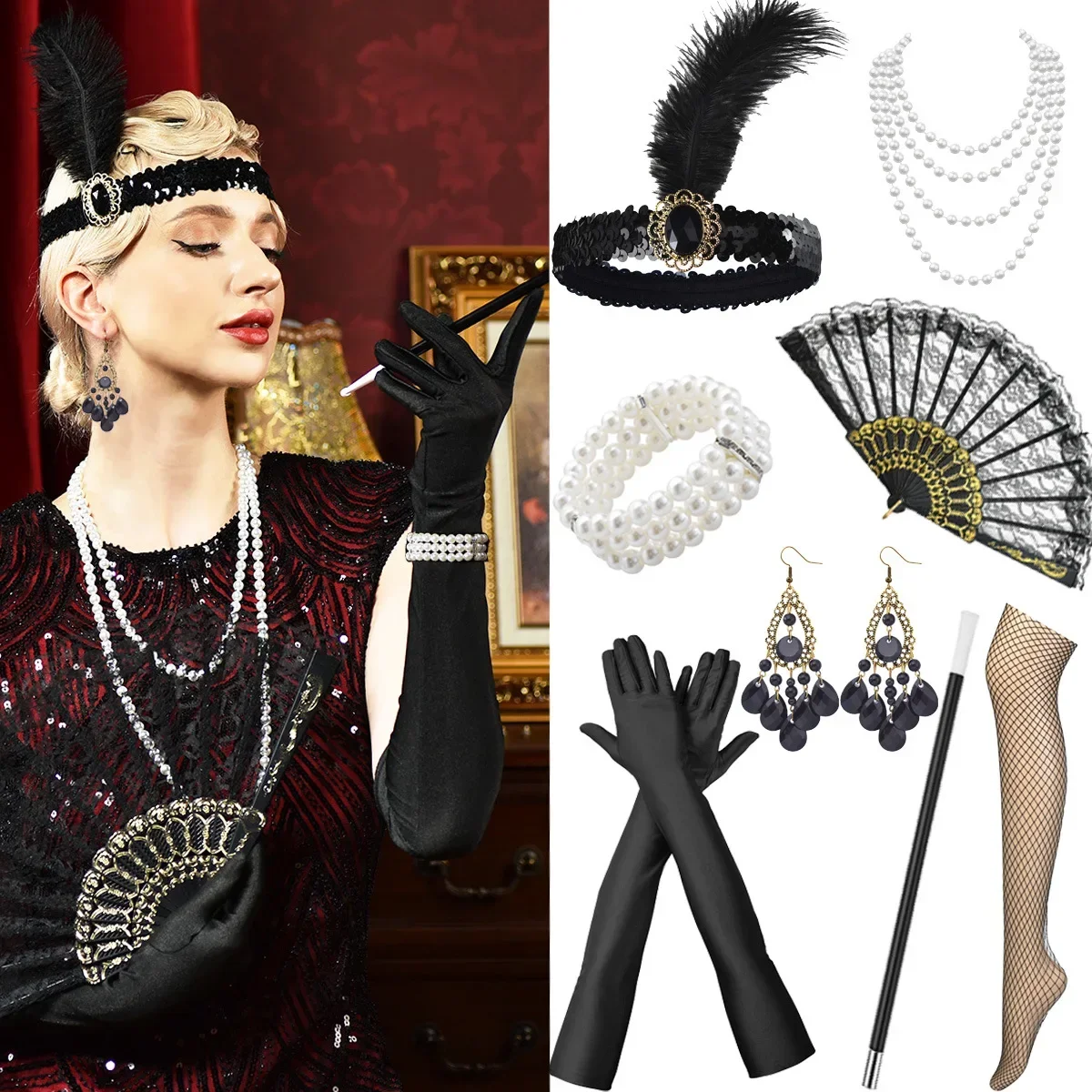 1920s flapper gatsby festa bandana longo luvas pretas colar de pérolas brincos conjunto de jóias titular cigarro acessórios traje