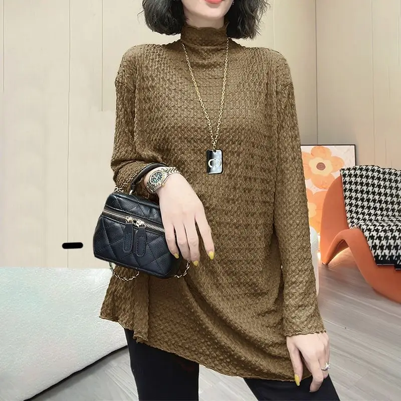 Dolcevita vari colori pieghe tridimensionali ritaglio donna Top manica lunga t-shirt larghe diritte di media lunghezza Oversize