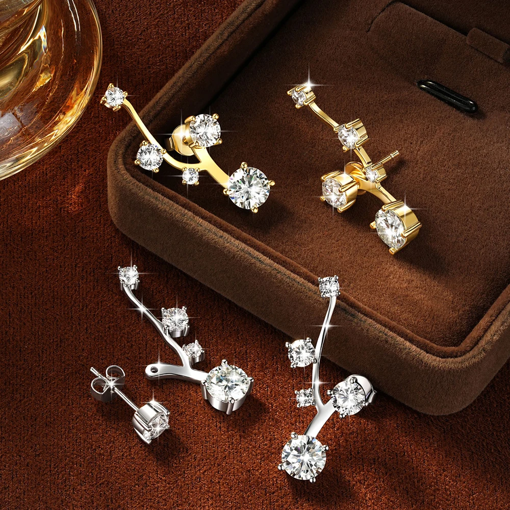 Celestinova 14K Gold Filled Women Moissanite Earrings D Color VVS1 GRA Certified Branch Four Leaf Gradient Square Stud Earrings