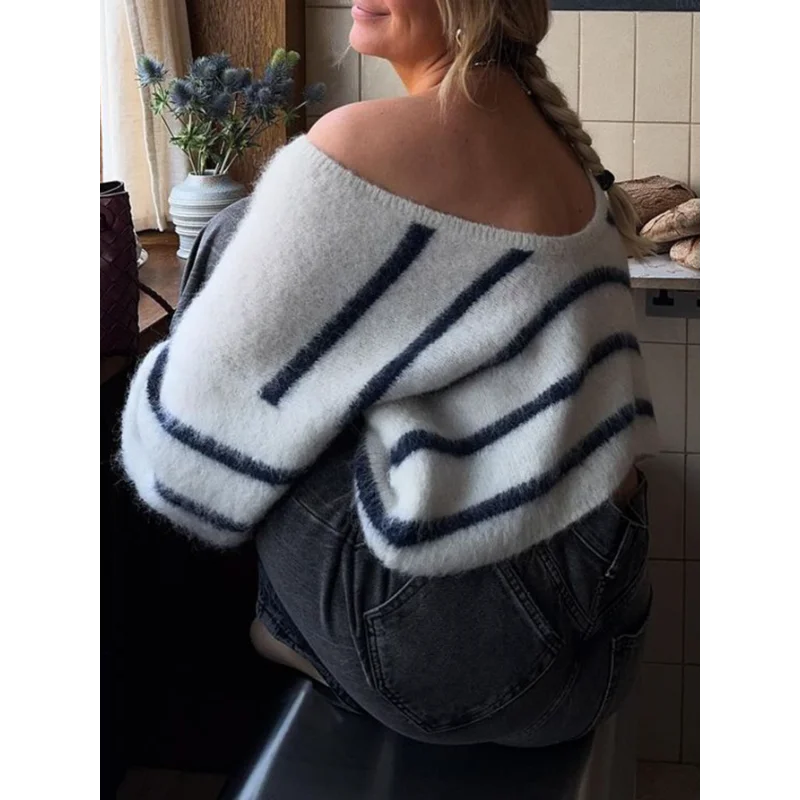 

Повседневный полосатый шерстяной топ с длинными рукавами для женщин на осень и зиму