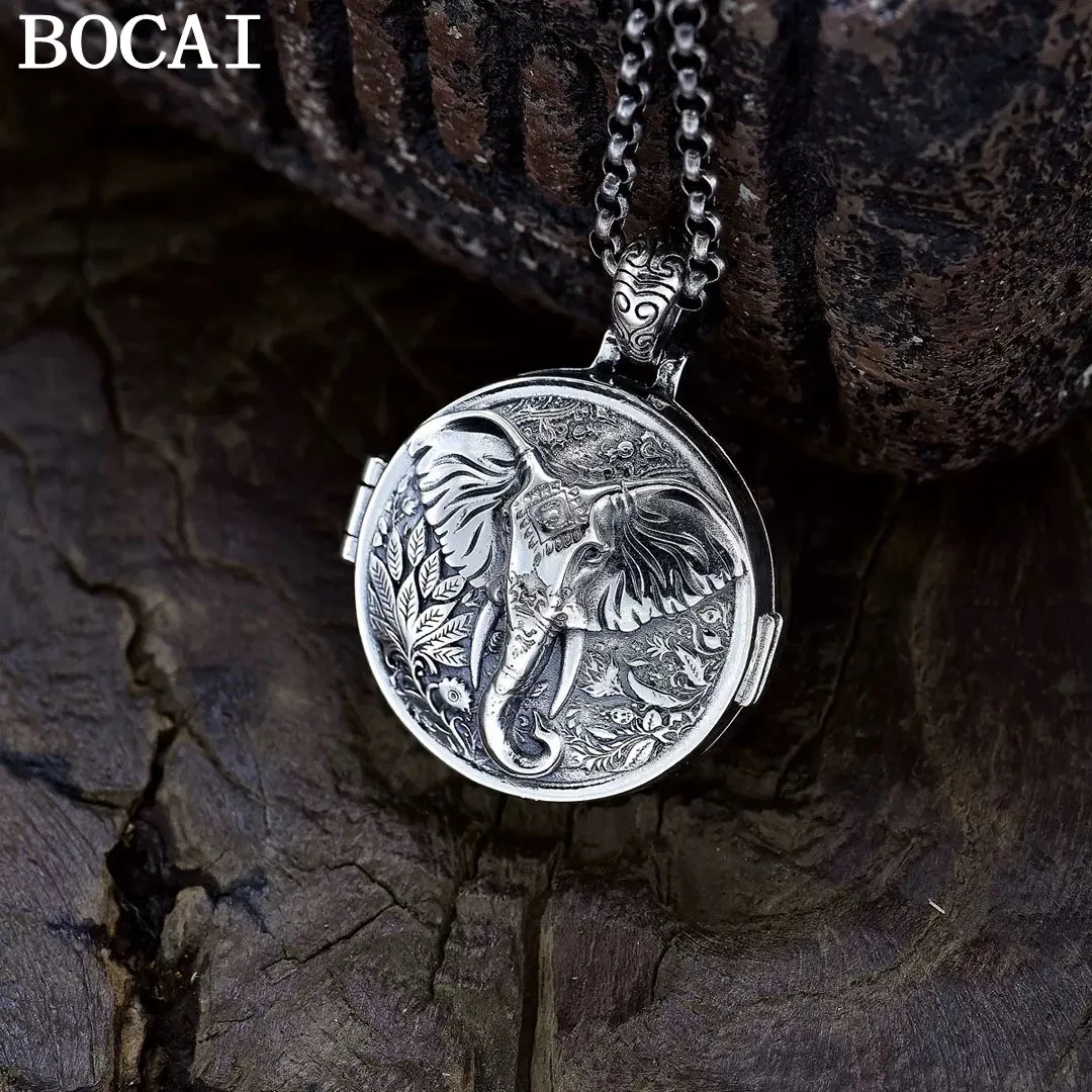 

BOCAI NEW S925 Sterling Silver Retro Personality Auspicious Gawu Box Elephant God Pendant