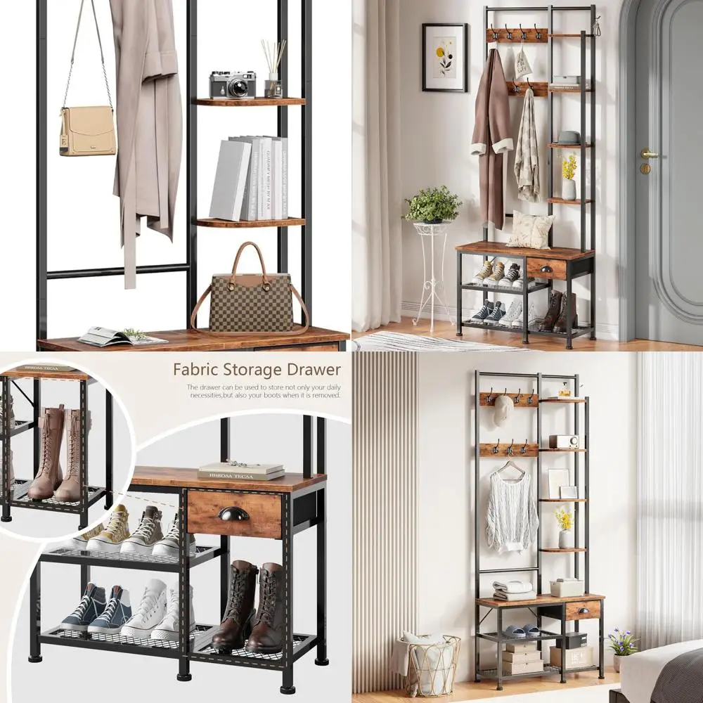 

Многофункциональная скамейка для хранения в прихожей с полкой для обуви, 4 полки, 8 крючков, тканевый ящик в деревенском коричневом цвете