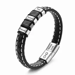 Custom Names Bracelet for Men Personalized Wristband Jewelry Coffee Black Leather Bangles Magnet Button Fathers Day Family Gifts