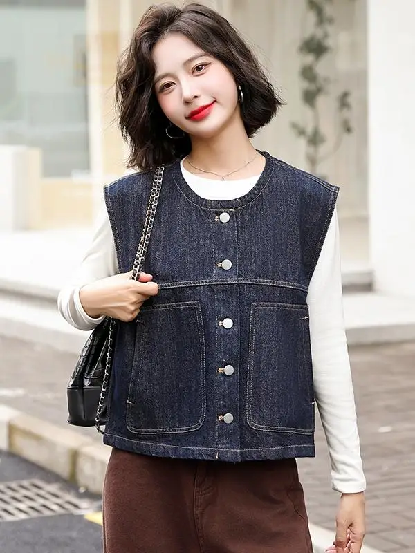 Deep Blue Denim Vest Women's ort Jaet Outerwear Autumn Season Button Splice ket Design round Ne No Sve