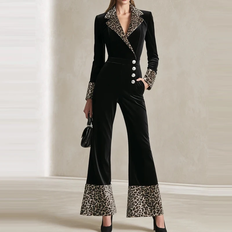 Leopard Print Patchwork Autumn Playsuit Simple Solid Color Velvet Women's Jumpsuit Casual High Waisted Button Straight Romper