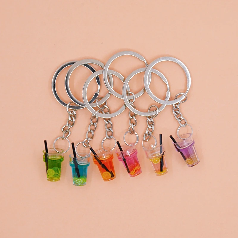 Multi Colors 3D Resin Lemon Tea Cup Pendant Charms Key Chain Handmade Fruit Tea Cup Keychain Keyring