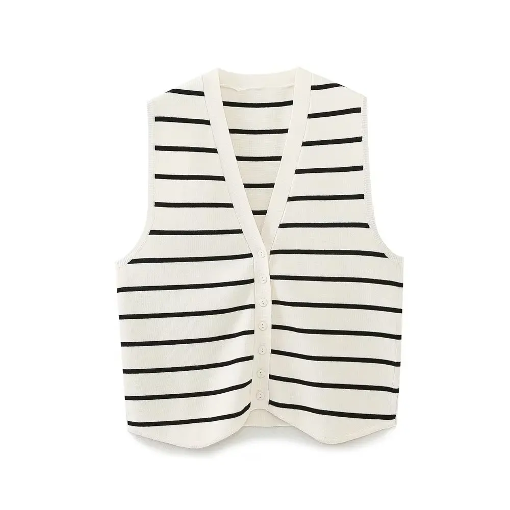 

Dave&Di Vest Fashion Casual SingleStriped Knitted Tank Tops Breasted Short Jacket Wome