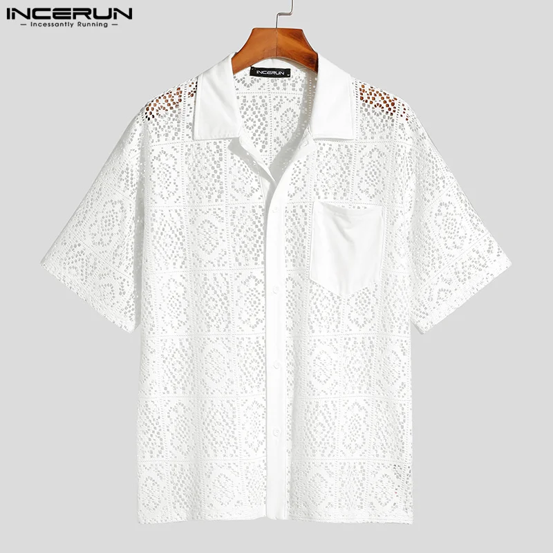 INCERUN Men\'s Shirt Lace Transparent Lapel Short Sleeve Sexy Fashion Men Clothing Streetwear 2024 Korean Casual Shirts S-5XL