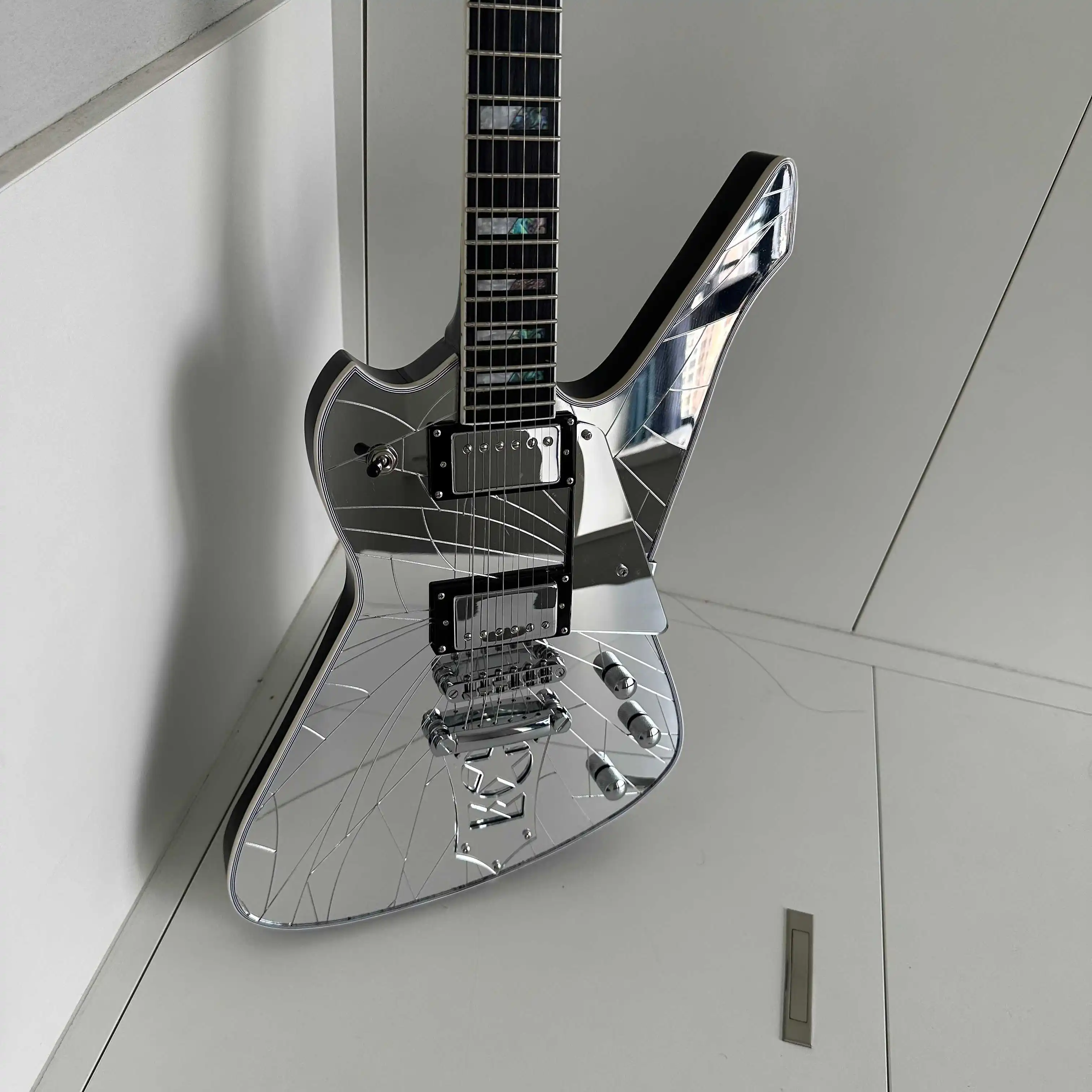 Asymmetrical  Electric Guitar, Abalone Pearl Split Block Inlay, Mirror Surface Body & Backcover, Star Shape Pickguard,HH Pickups