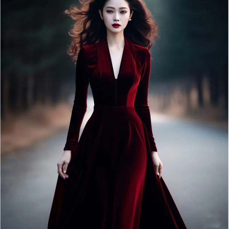 

Temperament banquet super beautiful Hepburn style wine red velvet dress