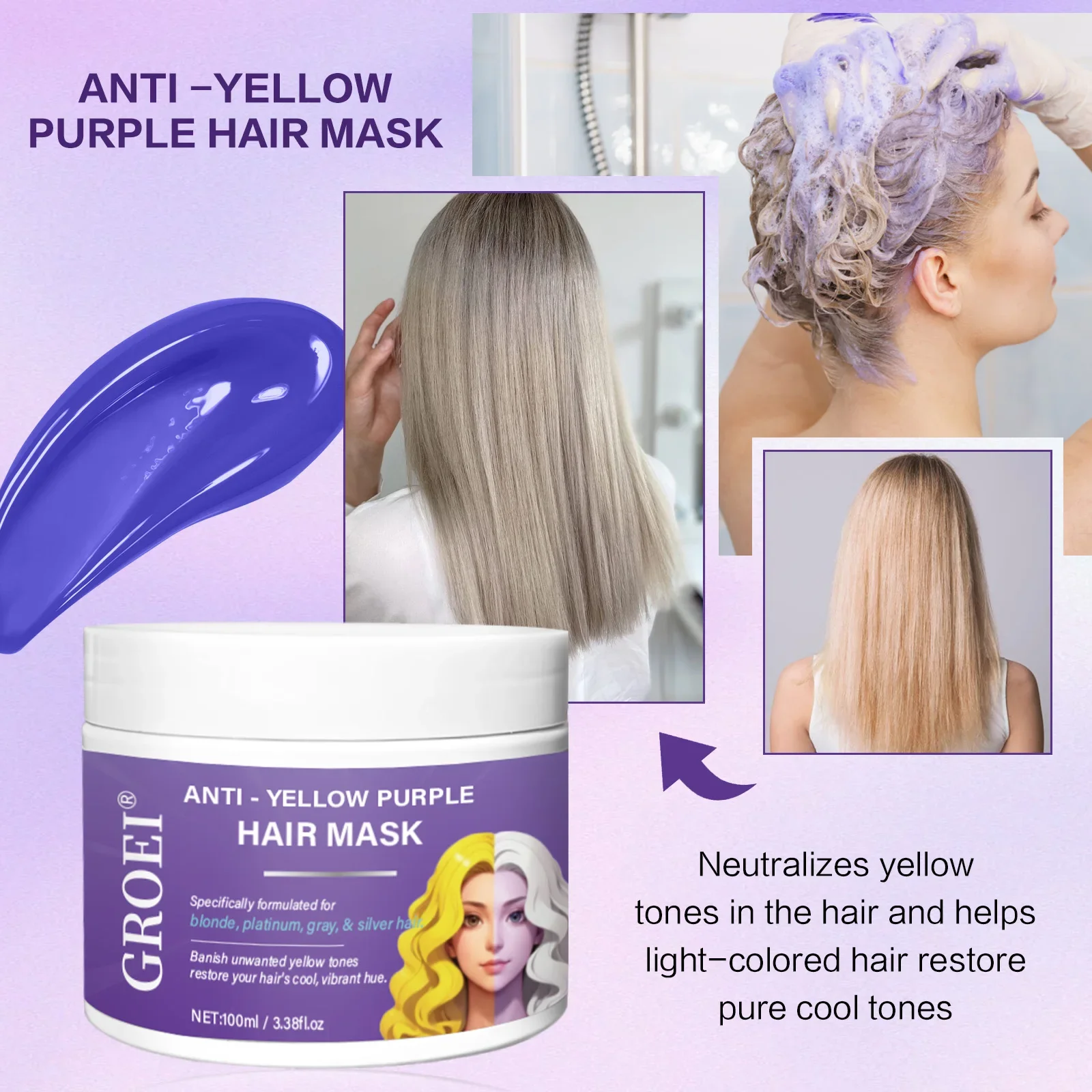 

Color Correcting Purple Mask Neutralize Brassiness in Blonde Silver Gray Hair Remove Yellow Tones with Deep Nourishment