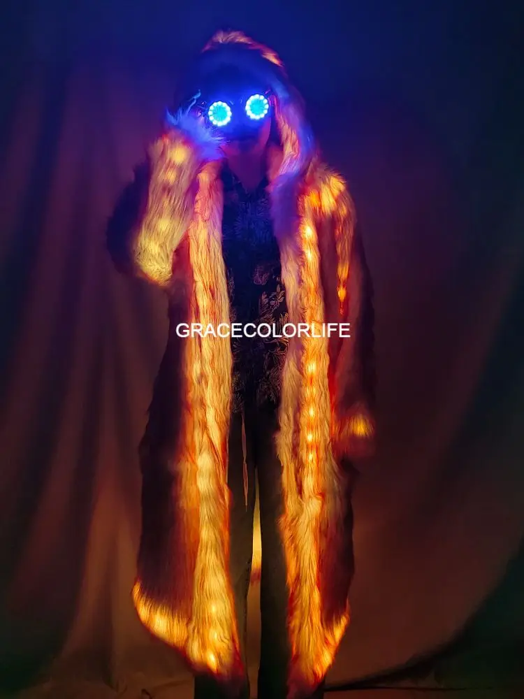 Jaqueta de pele sintética com luz LED para mulheres Rave Costume Party Club Performance Plus Size