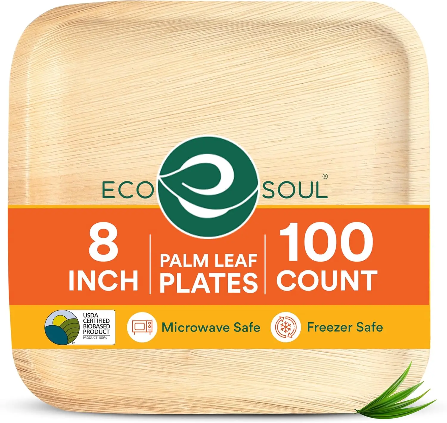

8 Inch Square Disposable Palm Leaf Plates [100 Pack] - Eco-Friendly, Compostable, Microwave Safe for Parties & Events