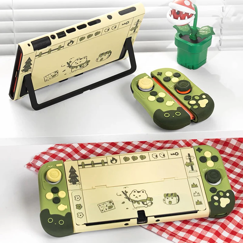 Ochronna obudowa Meow Cat kompatybilna z Switch 2, urocze etui w kolorze herbacianego zielonego z silikonowymi nakładkami na kontrolery i nakładkami na gałki analogowe do Switch Oled. — zdjęcie produktu 3