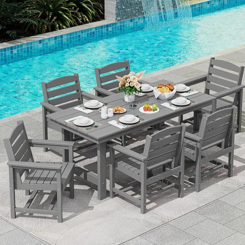 

-Piece Gray Outdoor Dining Set, Hole Table & 6 Chairs Patio Garden