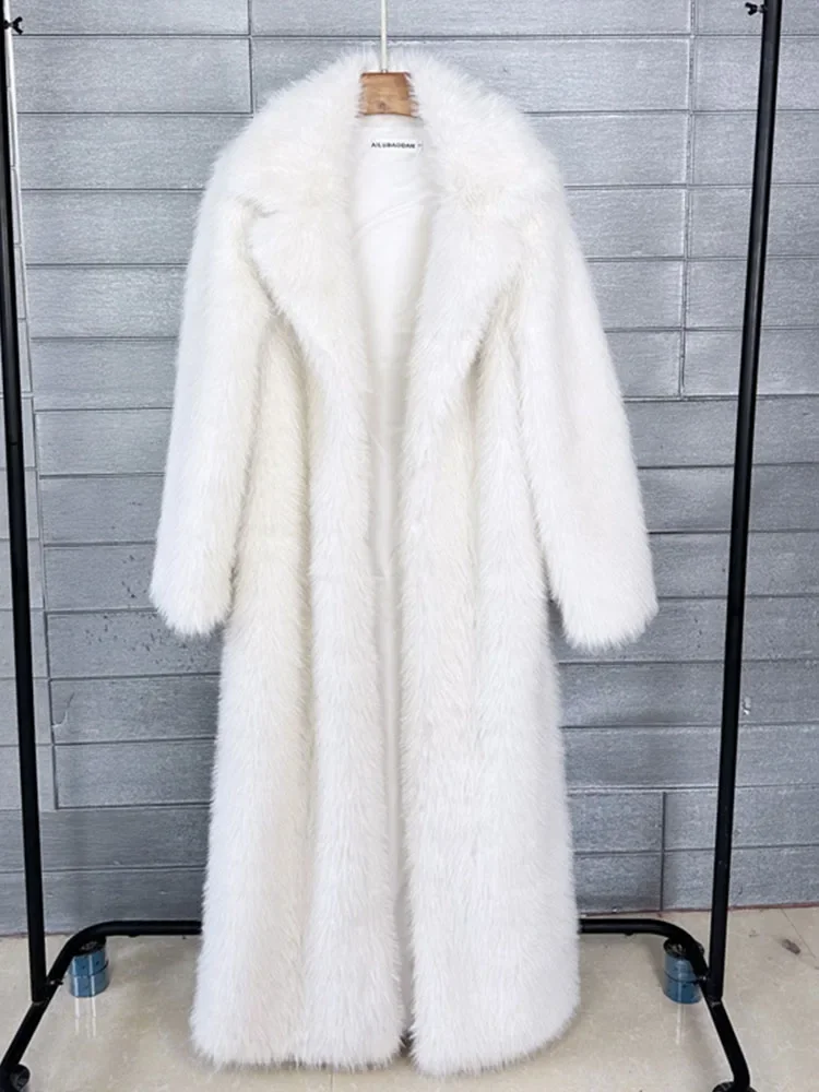 130cm Super Long Fluffy Faux Fur Coat Women Jacket Winter Lapel Thicken White Faux Fur Coats Jacket for Women Outerwears