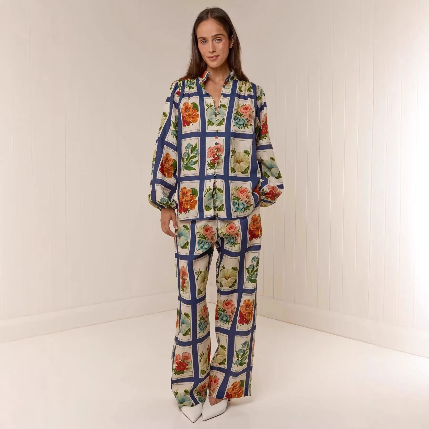 Fashionable Loose Printed Shirt And Pants Set Women's Long Sleeve Button up Outfit Autumn Spring Seasonal Loose Fit Two Piece...