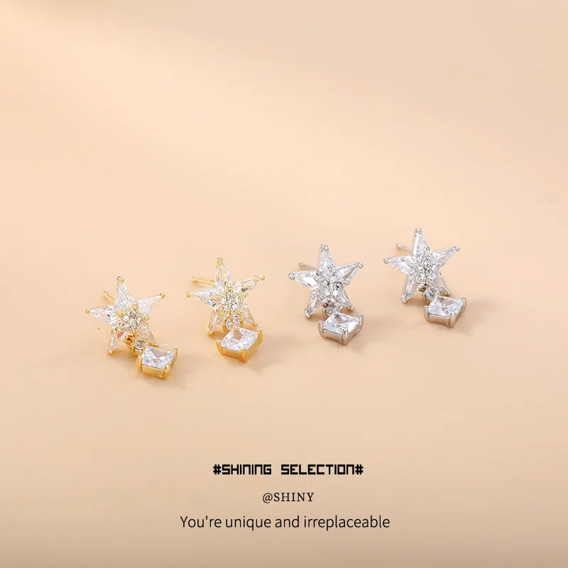 Five Pointed Star Inlaid Design, Exquisite Zircon Earrings, High-end Ladies' Elegant, Light Luxury, Niche Jewelry Accessories