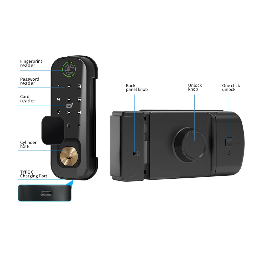 Tuya Smart Rim lock Outdoor Waterproof Fingerprint Digital Door Lock Aluminum Keypad Home Glass Door Access