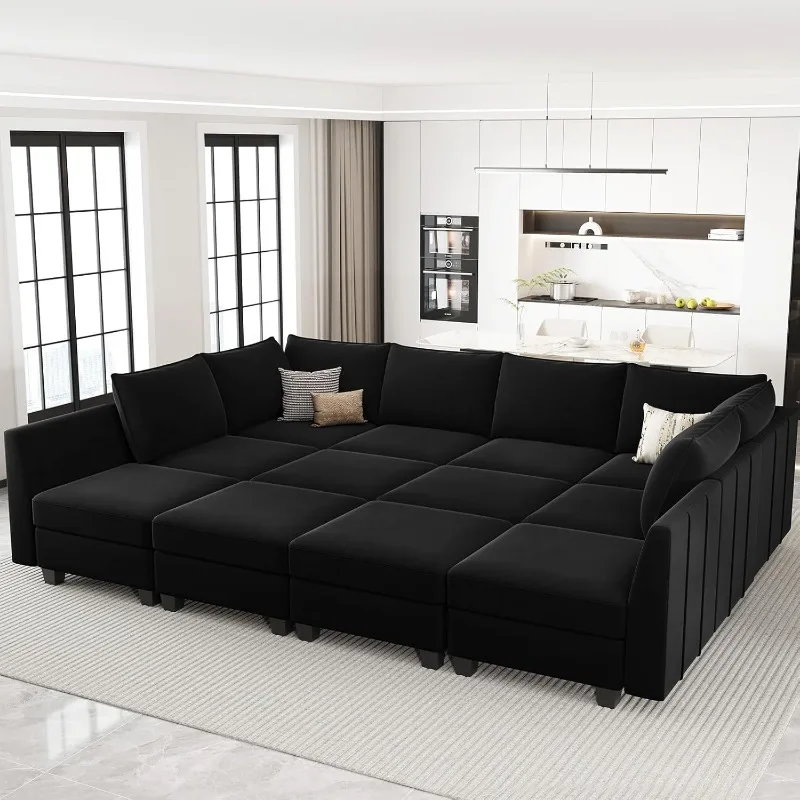 Oversized Modular Sectional Couch Sleeper Sofa with Storage Velvet Bed for Living Room, 12 Seats, Black