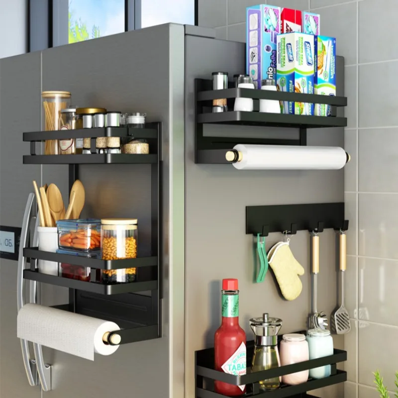 agnetic Refrigerator Shelf Spice Rack with Paper Roll Holder Kitchen Supplies Organizer Hooked Storage for Kitchen
