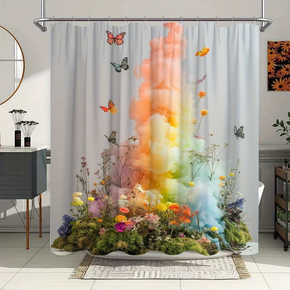 

1 шт. занавеска для ванны Rainbow Smoke — яркие градиентные цвета с разноцветными бабочками и цветочной основой, химерный фэнтезийный декор, полиэстер