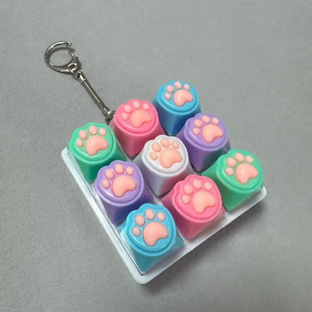 9Keys Fidget Keychain DIY Keyboard Keys Button Finger Keyboard Cap Pass The Time Cat's Paw Shape Clicker Keyboard Enthusiasts