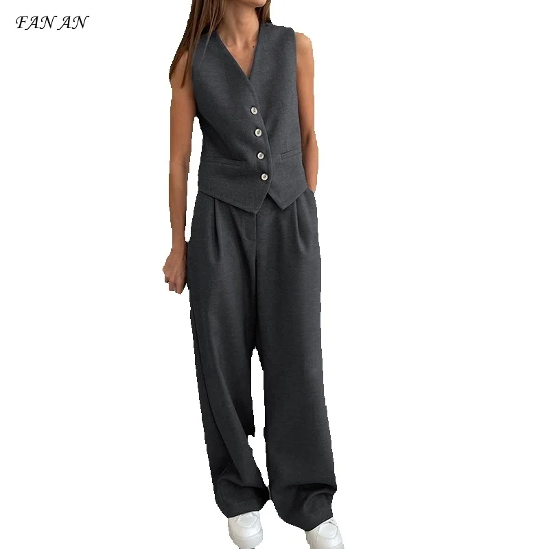 Summer Early Autumn New Commuter Fashion Grey V-neck Sleeveless Vest Suit Women Short Jacket Straight Leg Trousers Two-piece Set