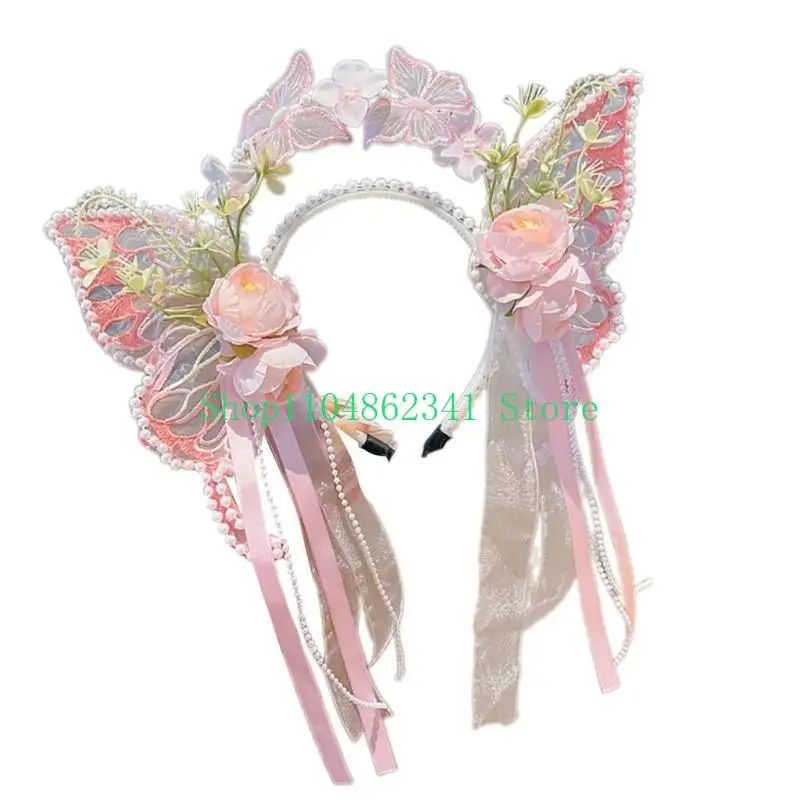 

652F Pearls Headband Butterfly Ribbon Pageant Prom for School Play Stage Props