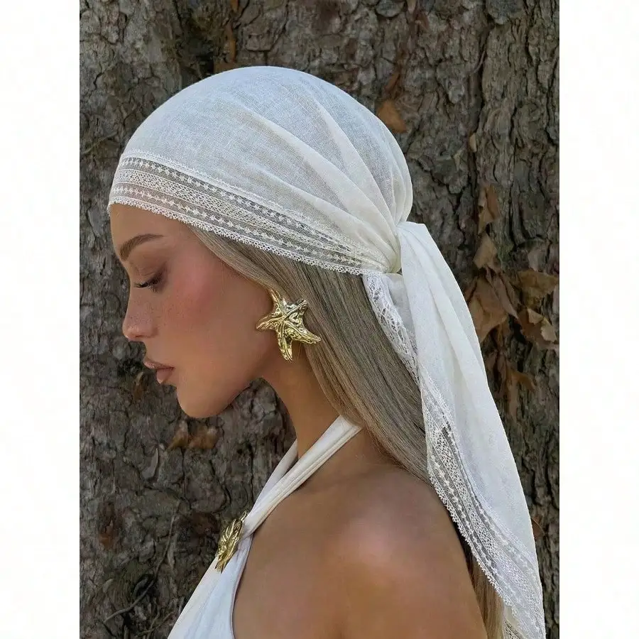 

1pc Women's Elegant Solid Color Square Lace Trim Headscarf, Multifunctional As Headscarf, Shawl And Hair Accessory, Suitable For Use In Mosques, Fashionable Casual Accessory For Summer
