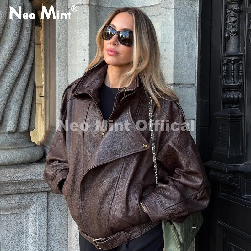 Neo Mint Ins Hot Fashion Burgundy Faux Leather Bomber Jacket Women Chic Brand Street Girls Oversized Pu Leather Coat Outerwears