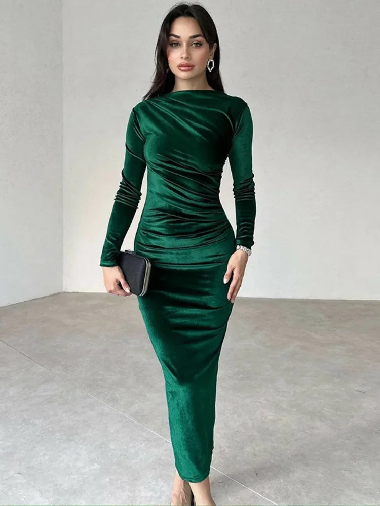 New Elegant Velvet Long Sleeve Sexy Maxi Dress for Women Autumn Winter New Fashion O Neck Bodycon Club Party Long Dress