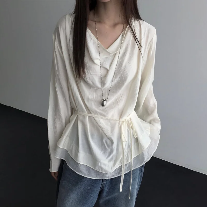 Elegant Women's Shirt Chic Versatile Simple Design Drapey Collar Lazy Style Belted Waist Long Sleeve Comfortable Breathable