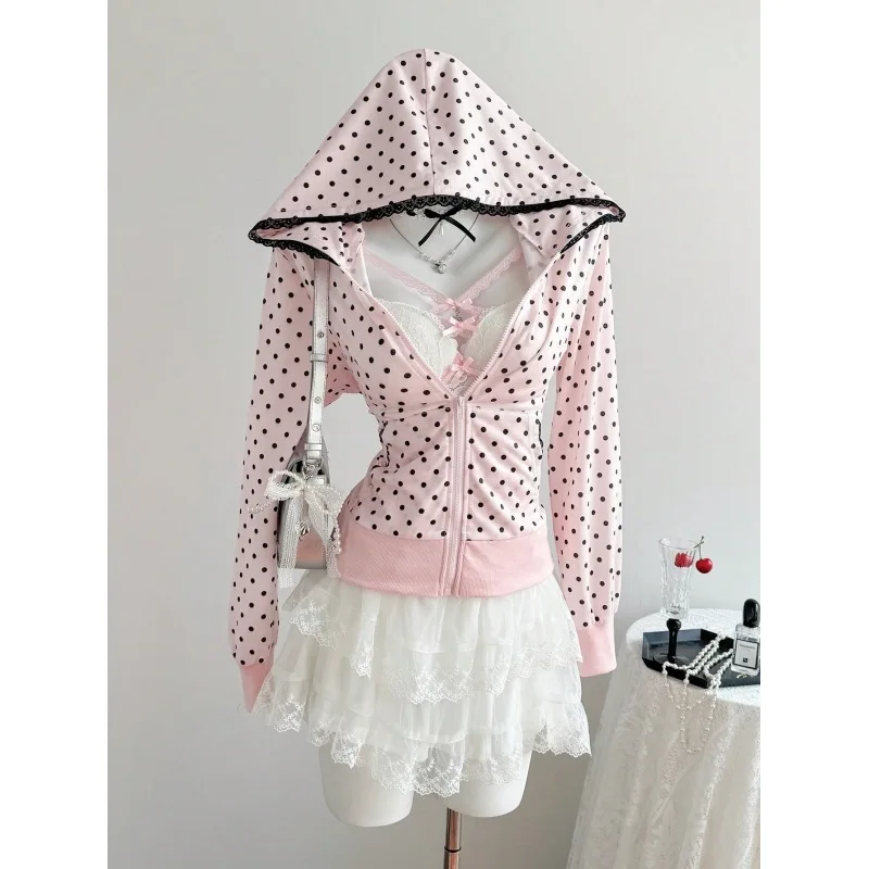 Y2k style Korean autumn and winter versatile new sweet and spicy girl ancient morning wave point hooded short cardigan jacket