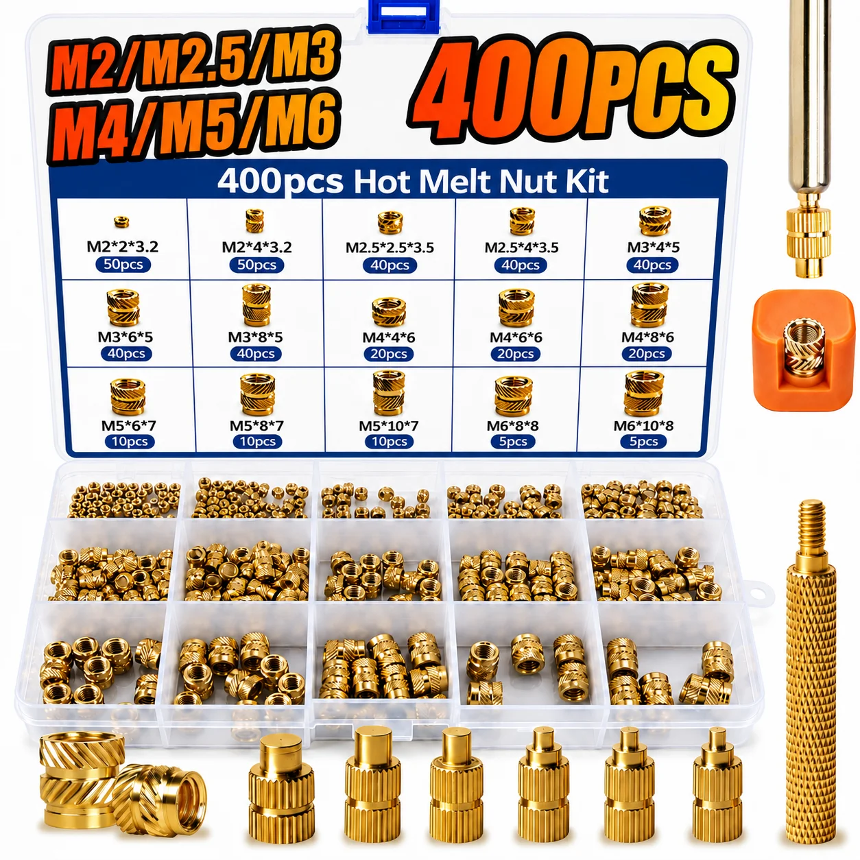 400 Stück Messing-Wärmeeinlegeelemente M2 M2.5 M3 M4 M5 M6 gerändelte Gewindemuttern für 3D-Druck mit Installationswerkzeugen und Schweißspitzen-Set – Detail 1