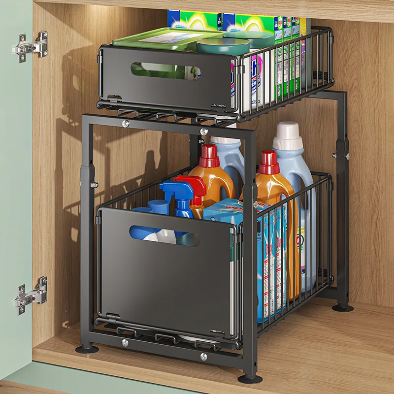 2 Tier Pull Out Cabinet Organizer Under Sink Organizer Sliding Cabinet Basket Kitchen Storage Rack Spice Jar Storage Rack