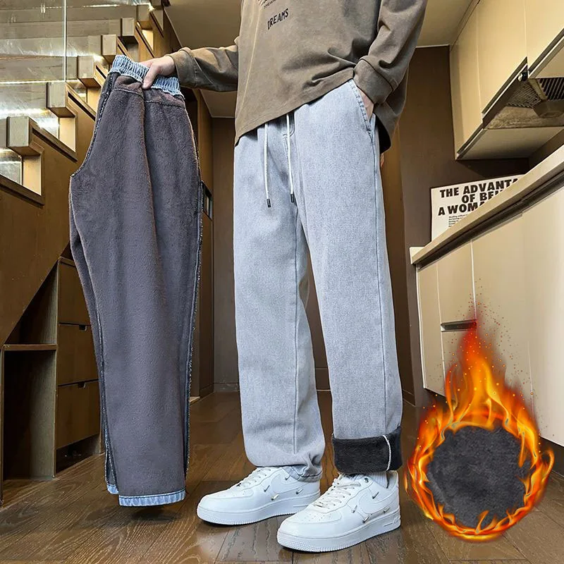 

Мужские зимние джинсы на флисовой подкладке, свободные теплые шаровары с эластичной резинкой на талии и шнурком, повседневная уличная одежда, плюшевые длинные брюки