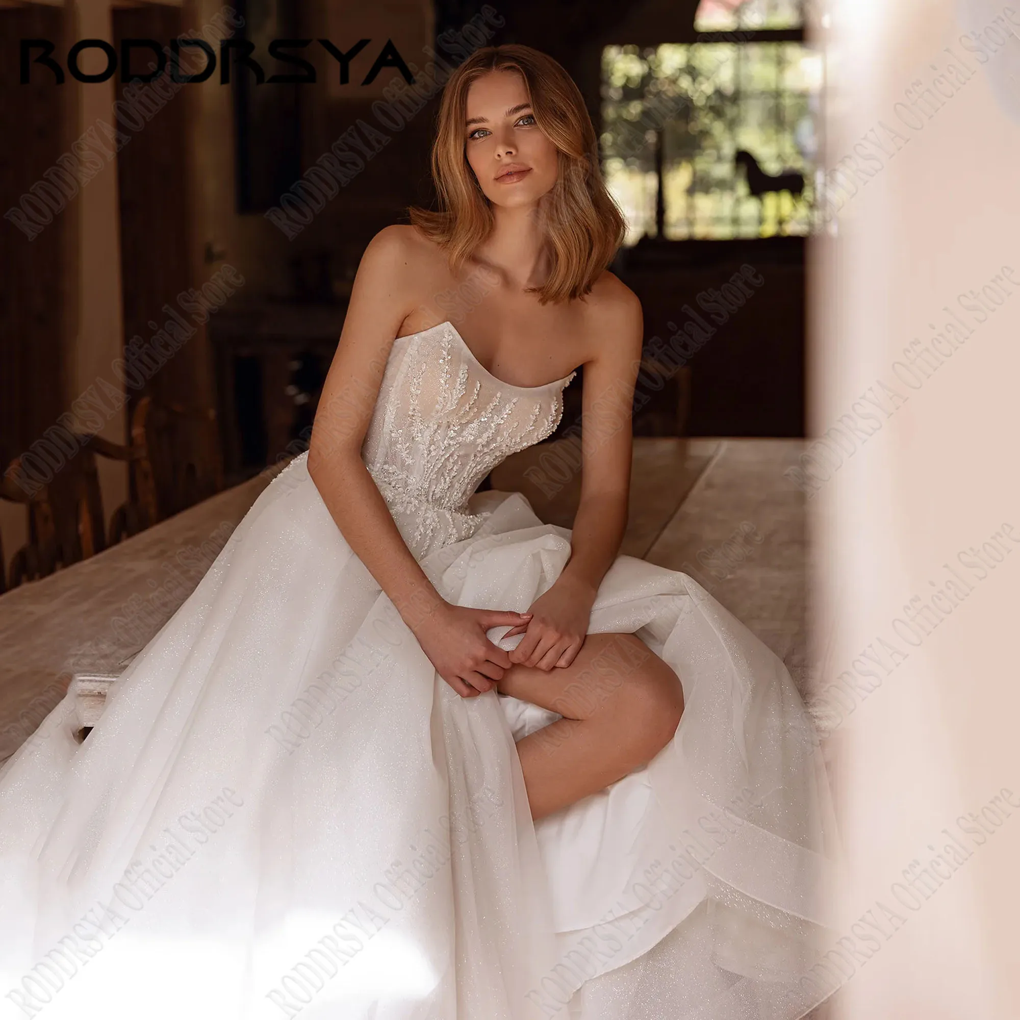 RODDRSYA ประกายชุดแต่งงานแขนที่ถอดออกได้ Strapless A-Line ชุดเจ้าสาว Appliques ที่กําหนดเองชุดเจ้าสาวเปลือย