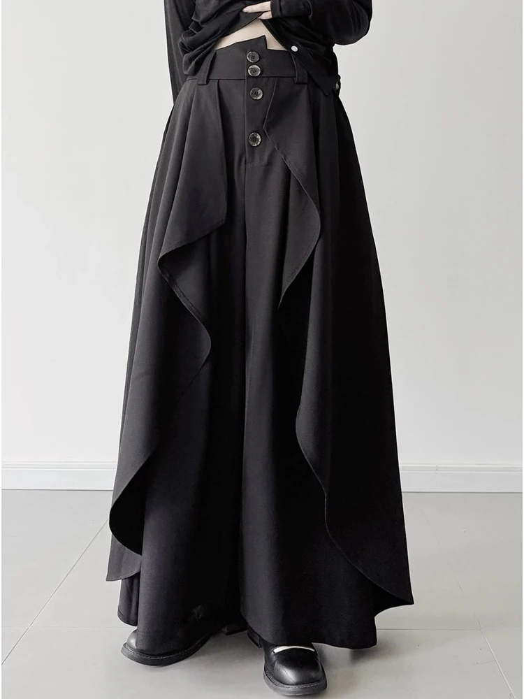Gothic Hip Hop Pant Women Loose Streetwear Design High Waist Y2K Trousers Fall American Harajuku Buttons Ruffles Black Pants New