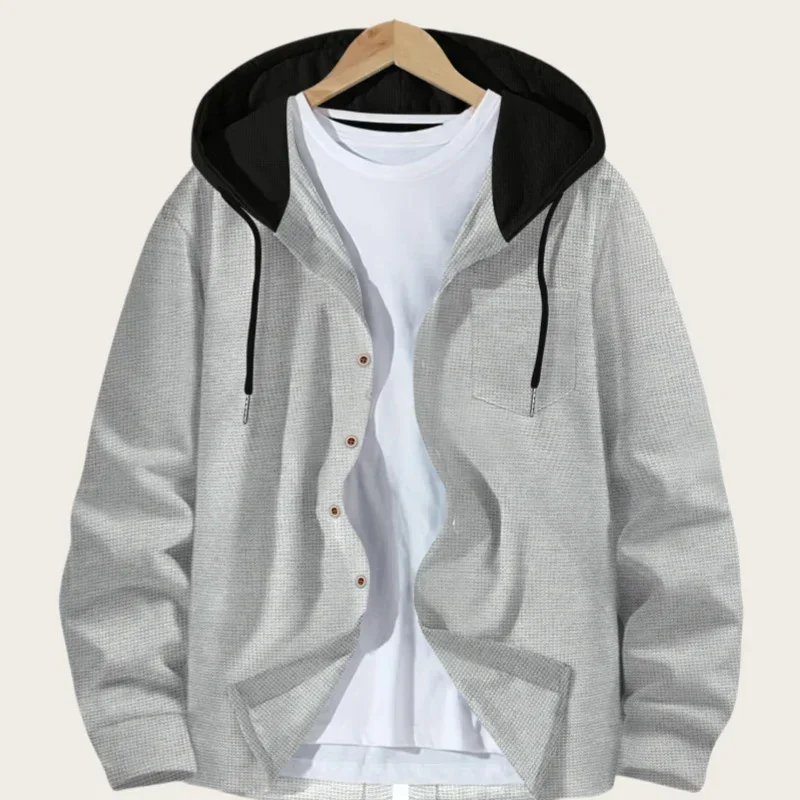 Koreanische Waffel-Kapuzenjacken für Herren, Frühling und Herbst, Kontrastfarbe, einreihige Kapuzenjacken, atmungsaktive, lässige, leichte Jacke – Detail 10