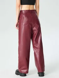 Women High Waist Matte Leather Straight Pants Casual Loose Trousers With Pocket Vintage Burgundy PU Pants Party Cutstom Clubwear