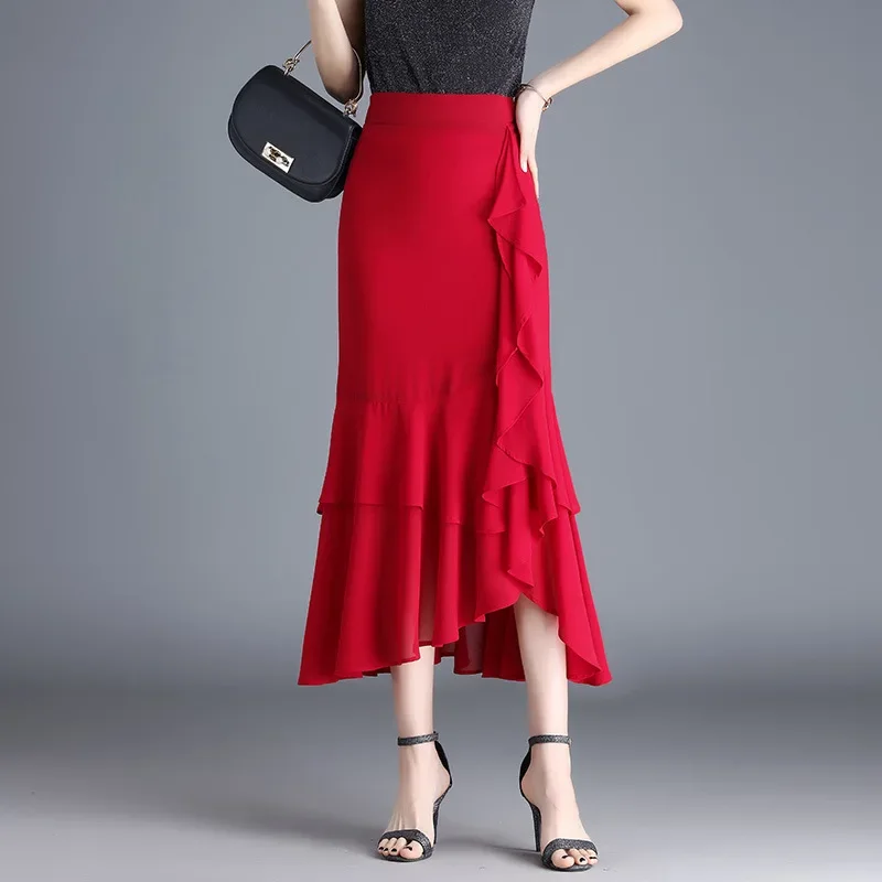 2026 Summer New Irregular Ruffled Chiffon Midi Skirt Women High Waist A-Line Mermaid Bodycon Elegant Ladies Holiday Party Midi S