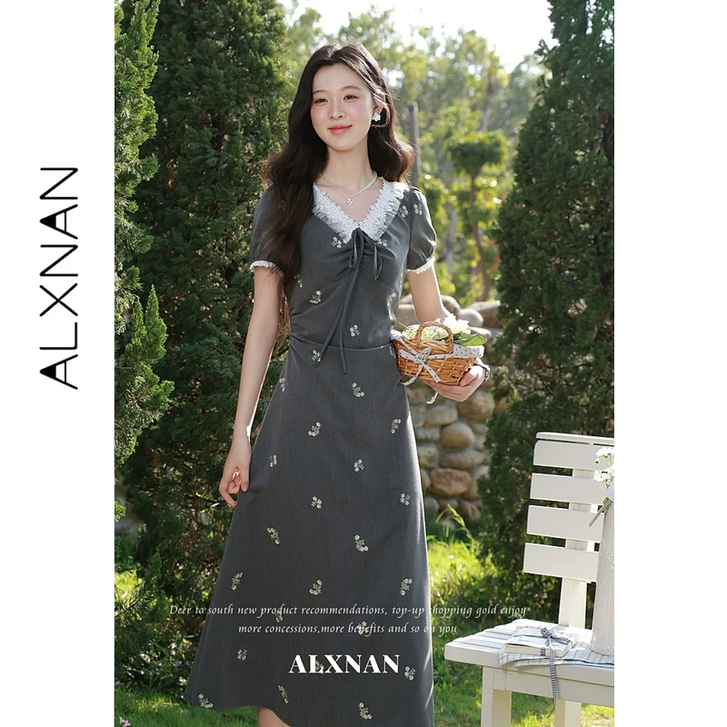 

ALXNAN Grey Floral Dress Women Summer Lace V-neck Puff Sleeve Long Dress 2026 Holiday Elegant Party Female Clothing DYL662733