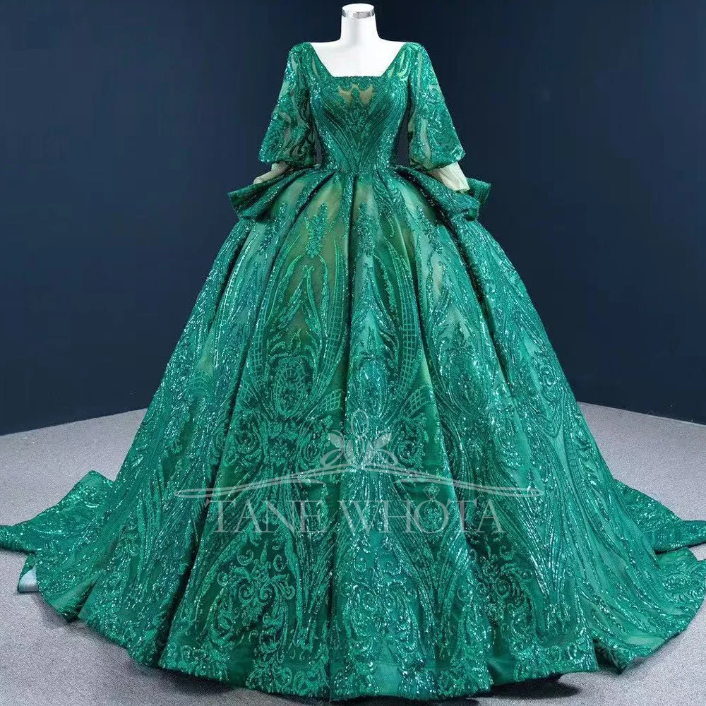 

Galajurken Women's Green Ball Gown With Square Collar Lantern Sleeves Lace-Up Back Embroidery And Sequins For Evening Wear