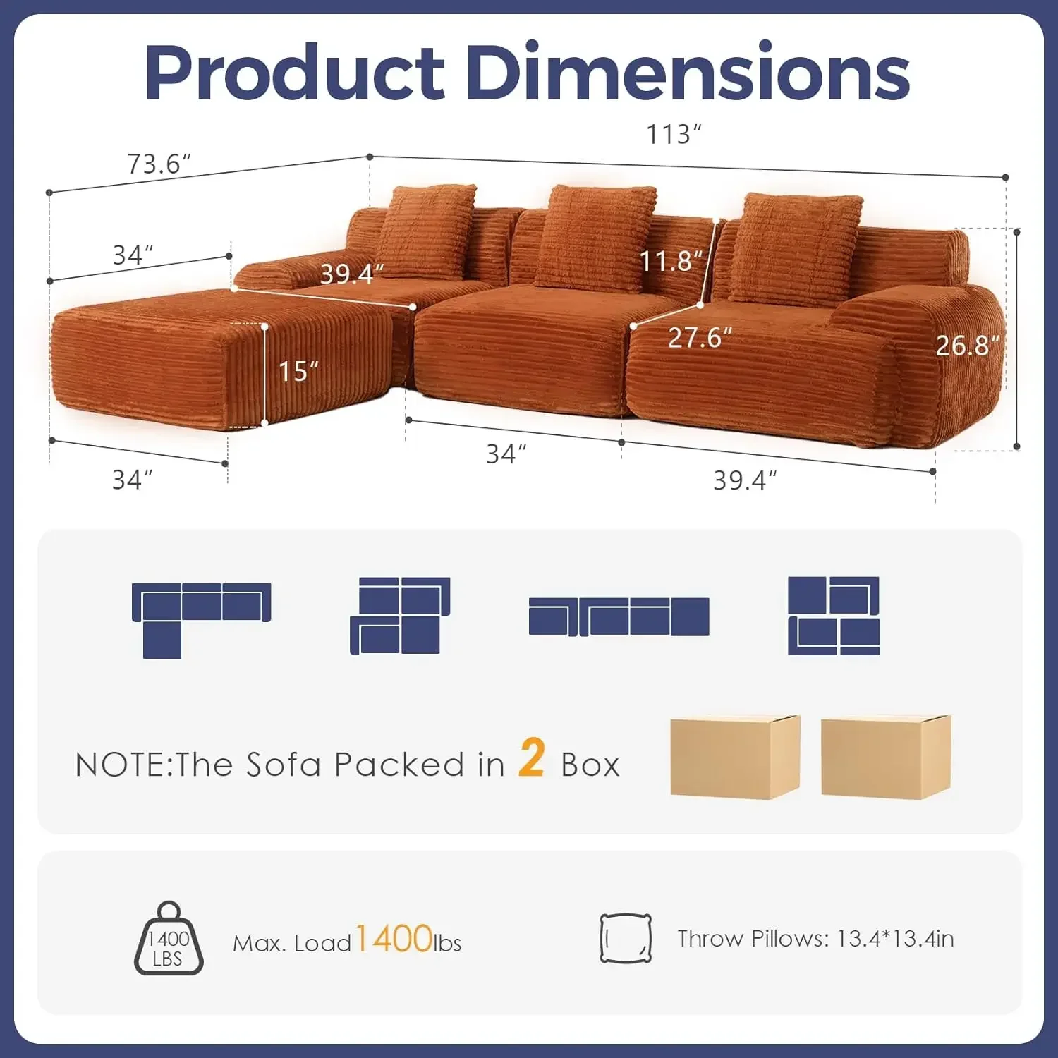 Orange Corduroy Modular Boneless Sectional Deep Seat Wide Armrest High Density Foam Sofa