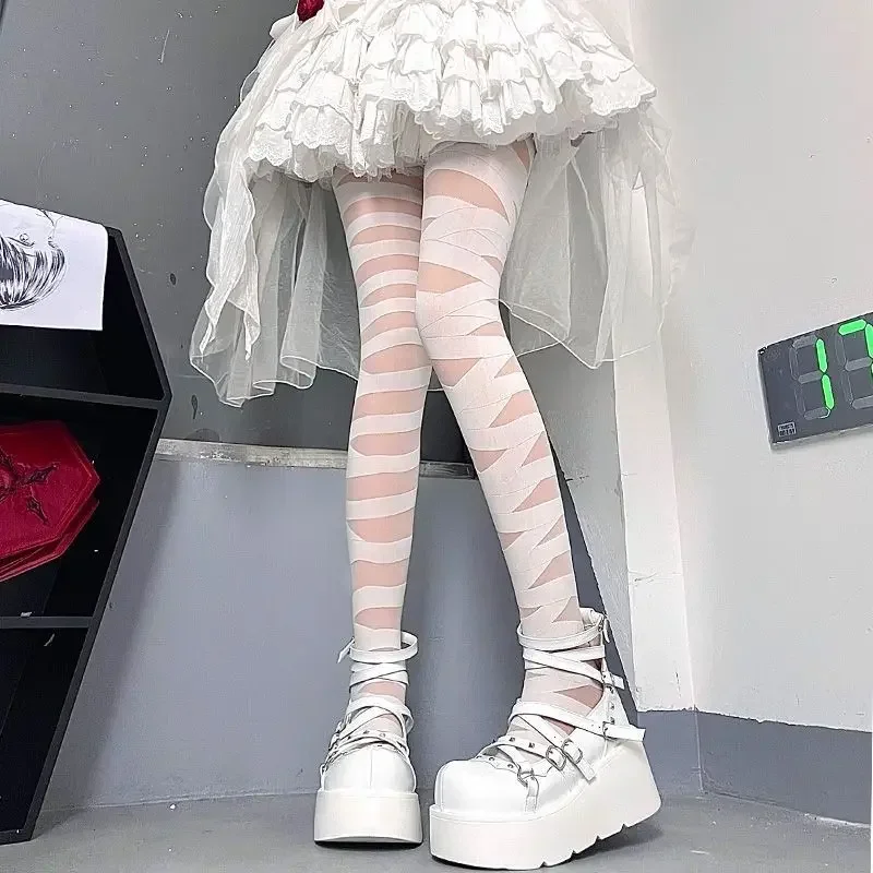 Medias de terciopelo suave con diseño de vendaje gótico Lolita para mujer, medias inferiores con correa cruzada Sexy, Punk, Emo, JK, Cosplay, medias lindas para niñas