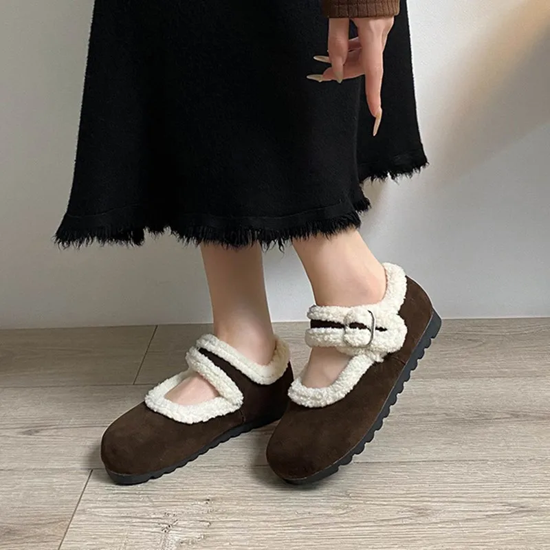 Lady Mary Jane Shoes, Loafers with Winter Sheepskin Padded Lining, Slip-on Design, Warm and Cozy, Perfect for Lazy Lounging.