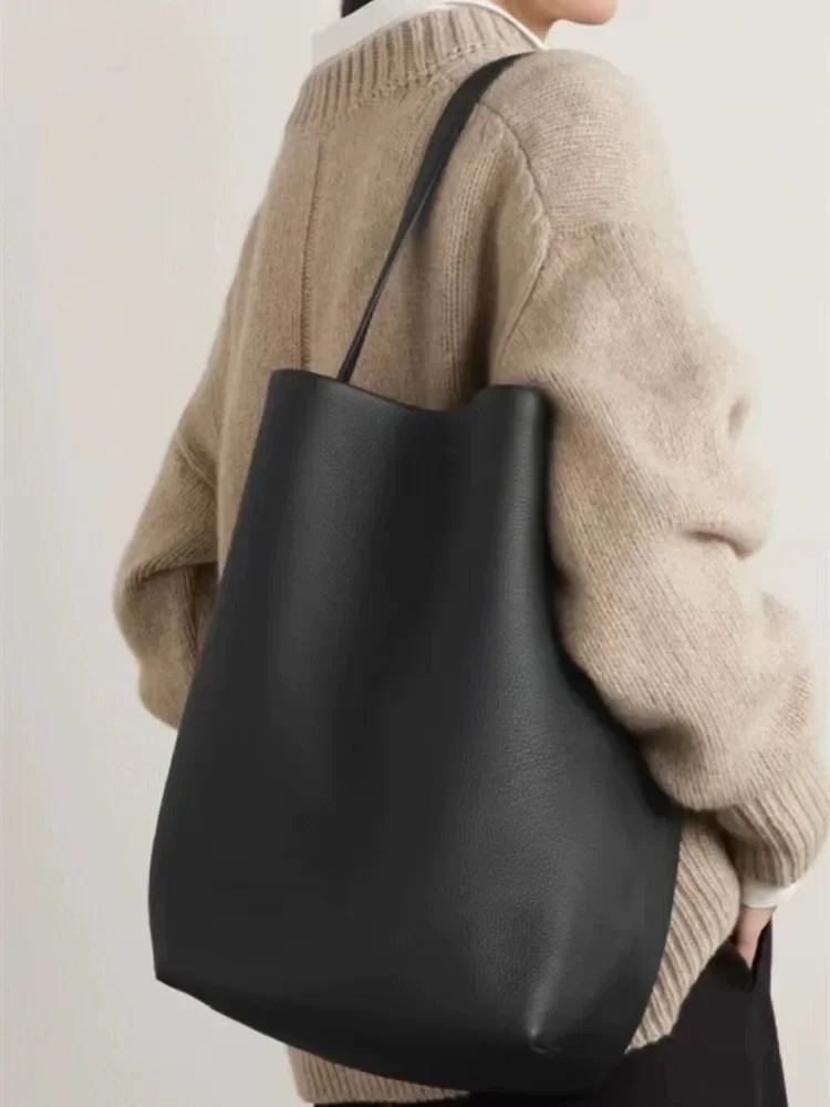 

Women Cowhide Single Shoulder Bag Handbag Solid Color Bucket Tote Large Capacity Lcu Lychee Patterned Tote Bags Shoulder Bag