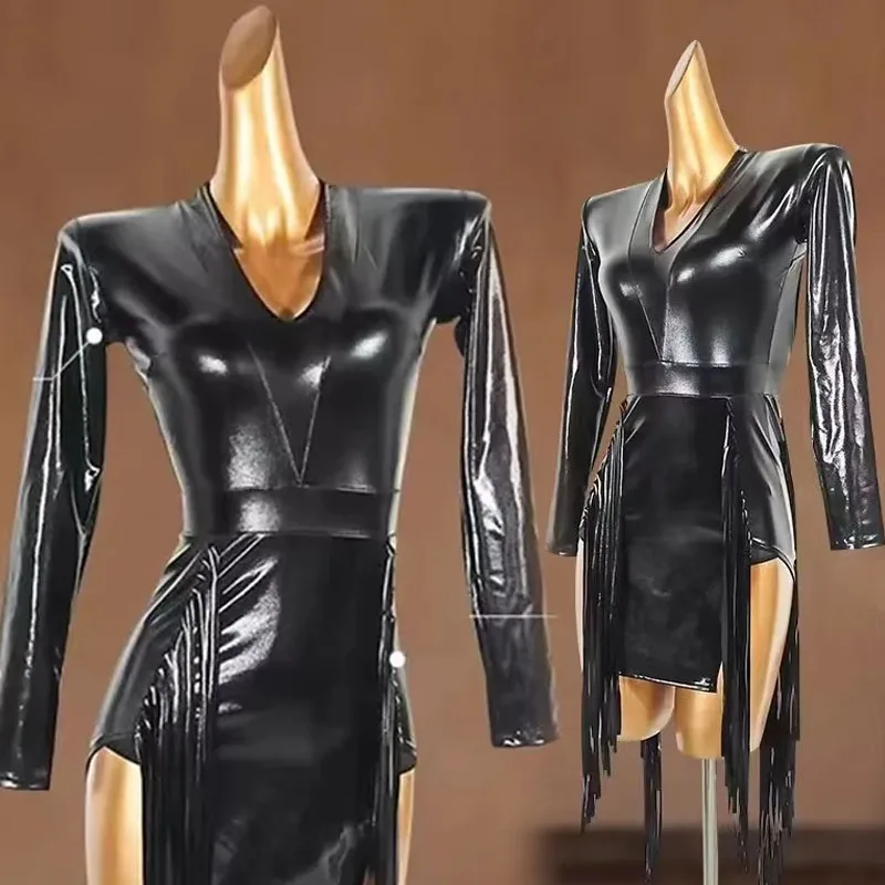 

Черное эластичное платье для латинских танцев из искусственной кожи, сексуальное женское платье для соревнований с открытой спиной и бахромой, для танцев ча-ча-ча и румбы, VDB6539